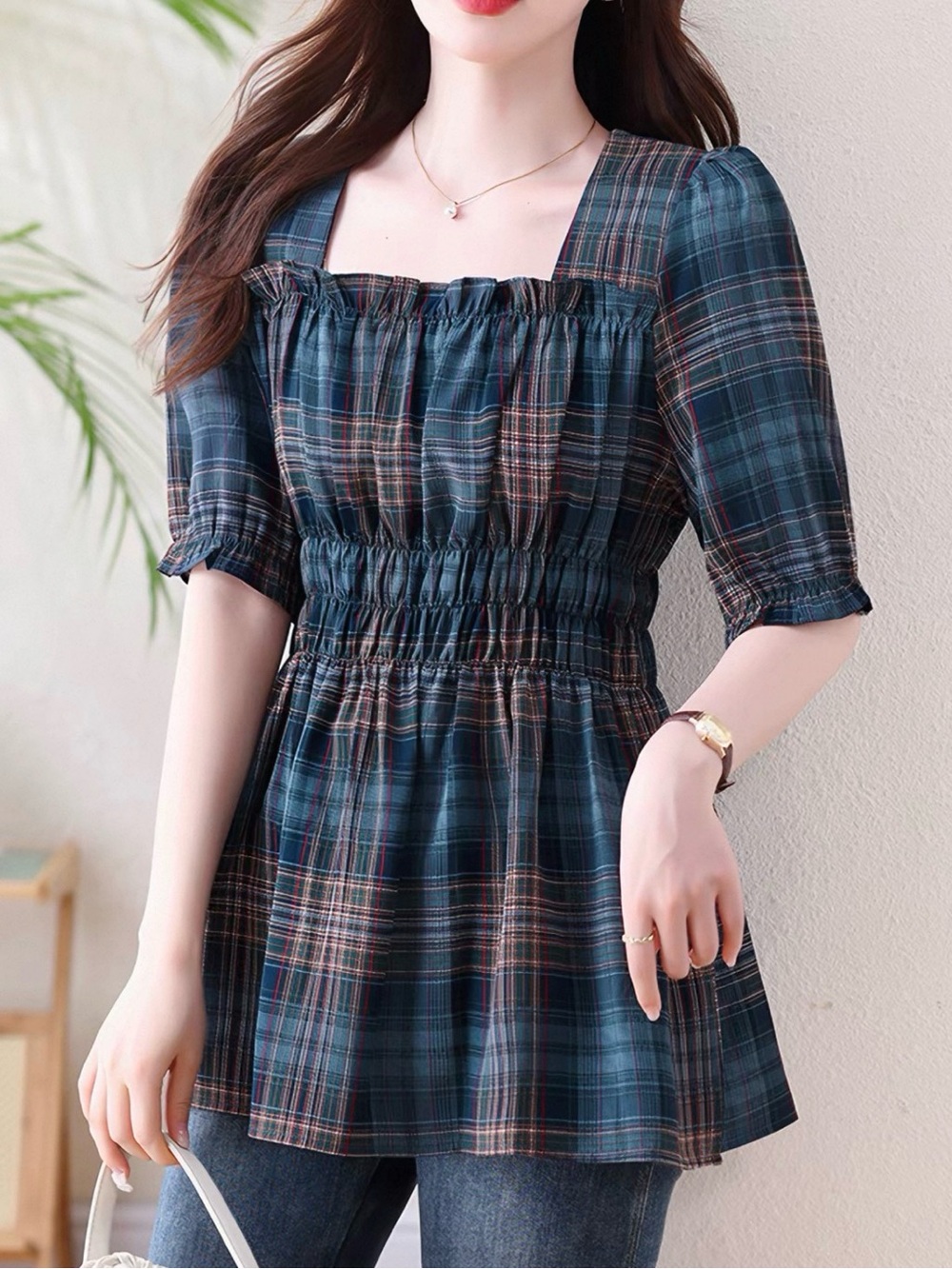 Smocked Square-Neck Plaid Tunic Top in Teal